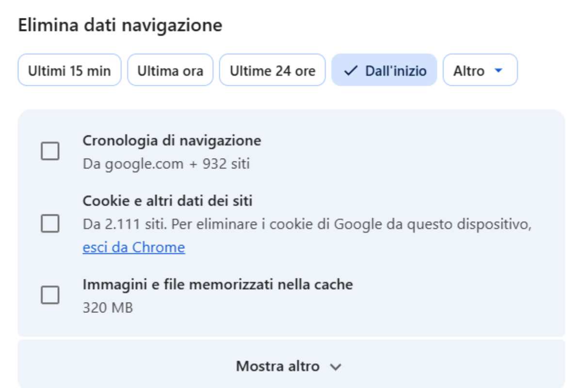 schermata cancella cronologia di navigazione