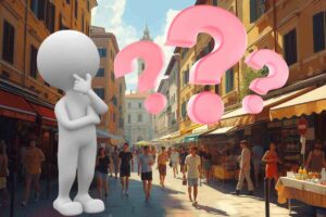 una città immaginaria e davanti un omino pensieroso con tre punti interrogativi davanti