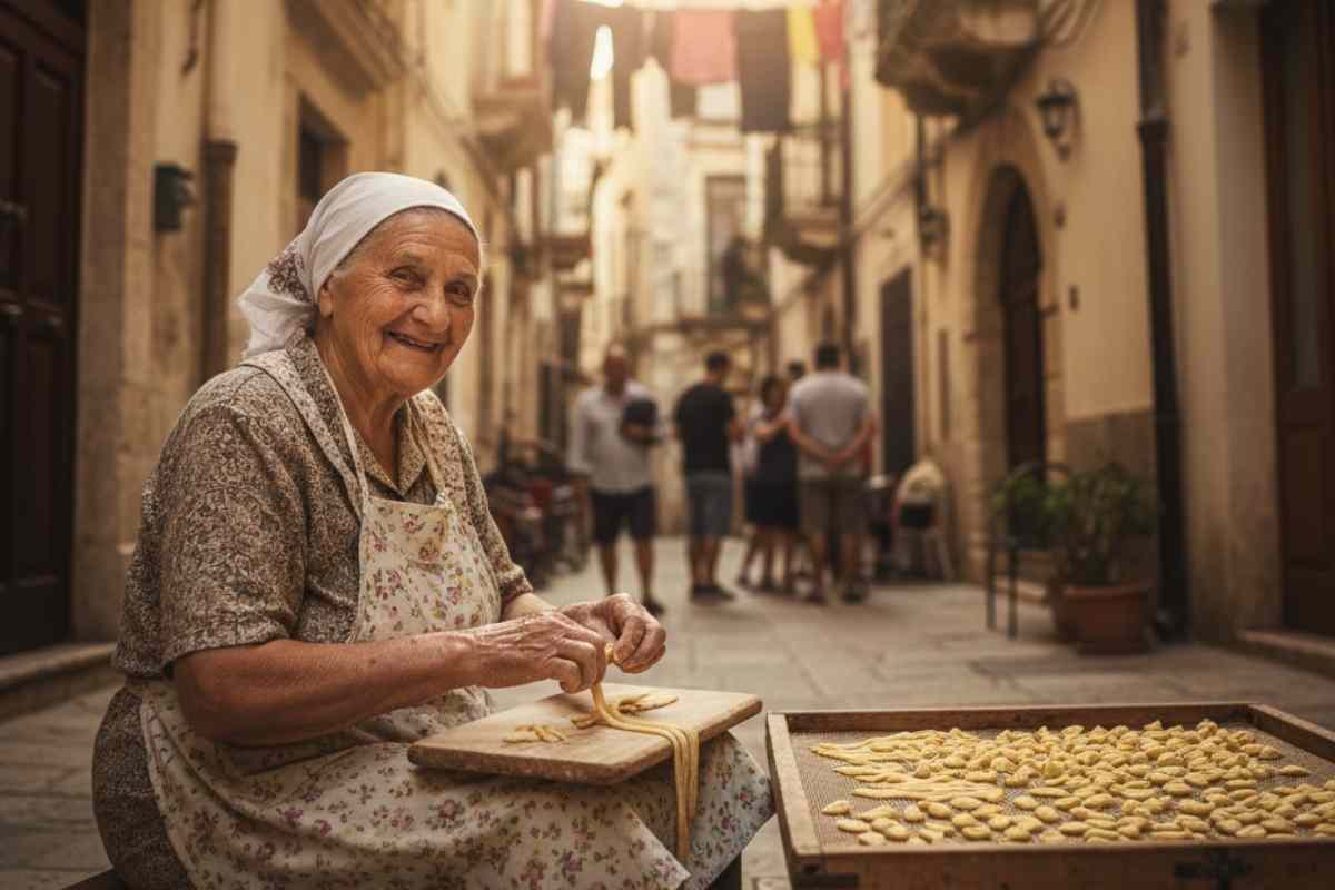 signora che fa le orecchiette per strada
