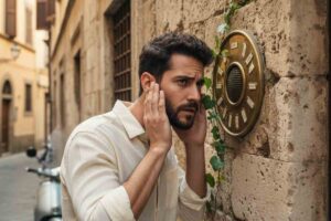 ragazzo al citofono di un palazzo antico