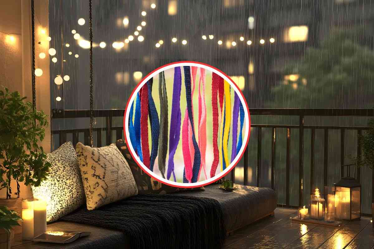 balcone illuminato di sera e lacci di scarpe