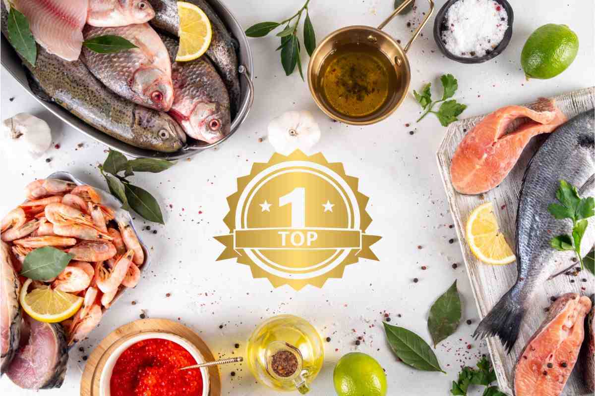 crudi di pesce e scritta top