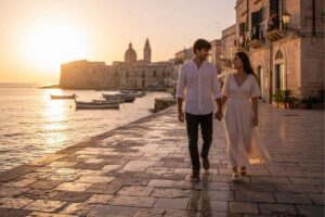 due persone che camminano mano nella mano per la muraglia di Bari