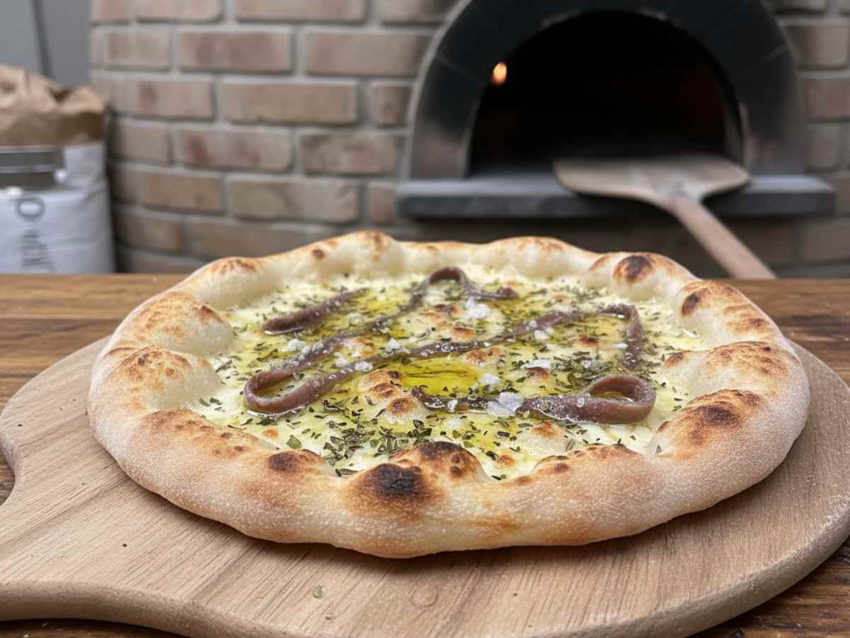 una pizza con sopra acciughe e olio