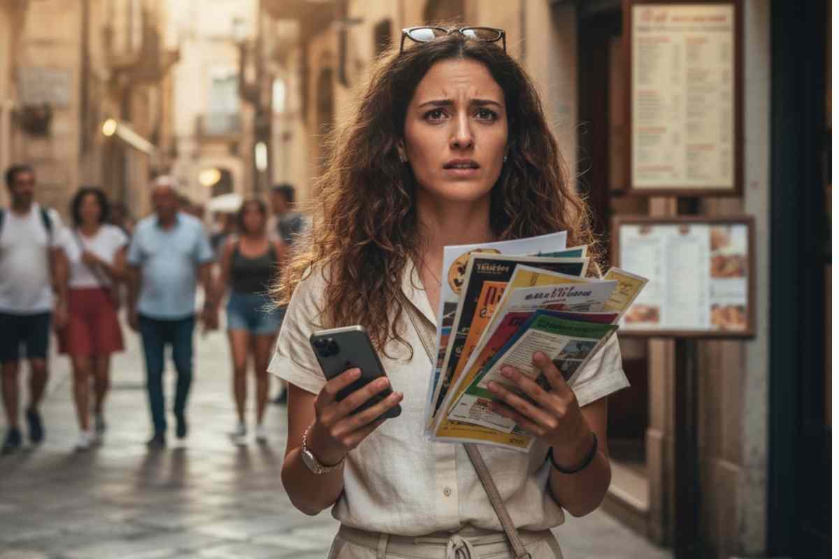 ragazza che cammina per la città con in mano dei deliant ed il cellulare