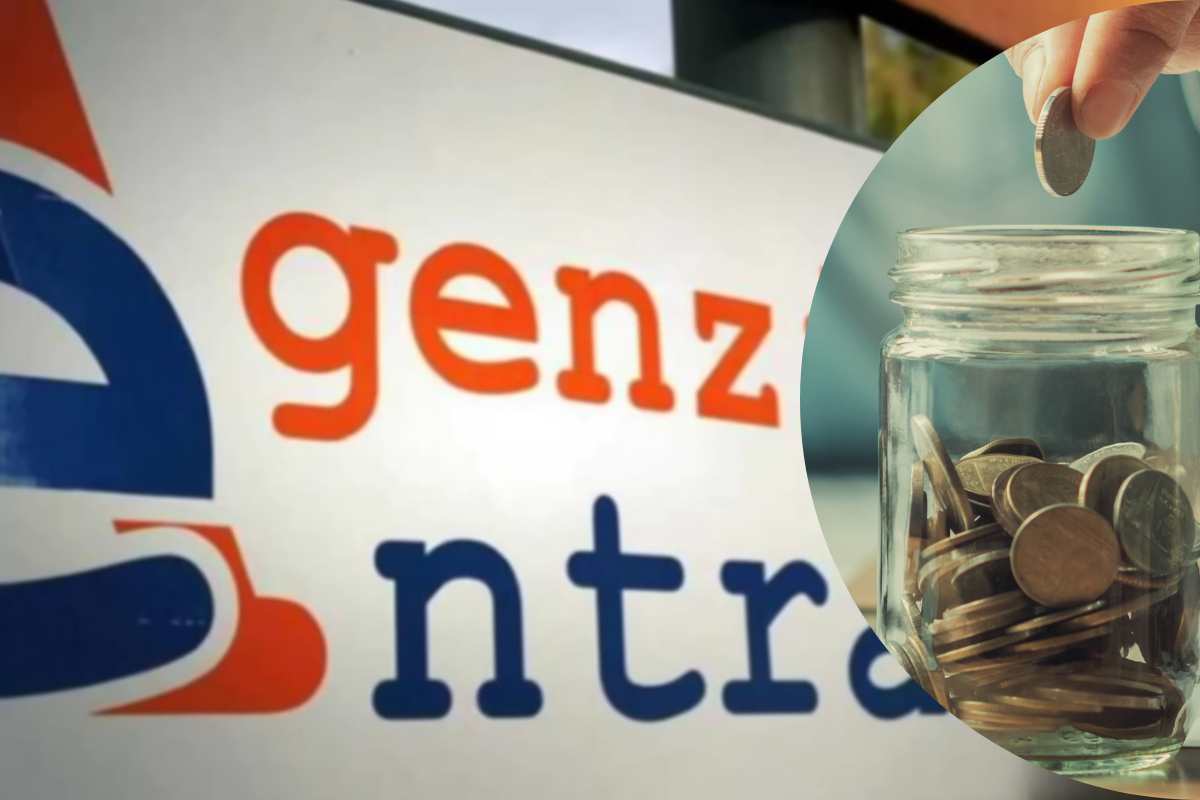 logo dell'agenzia delle entrate e una mano che mette soldi in un barattolo di vetro