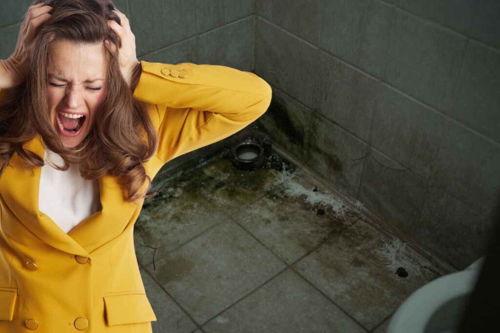 donna disperata davanti a un bagno umido