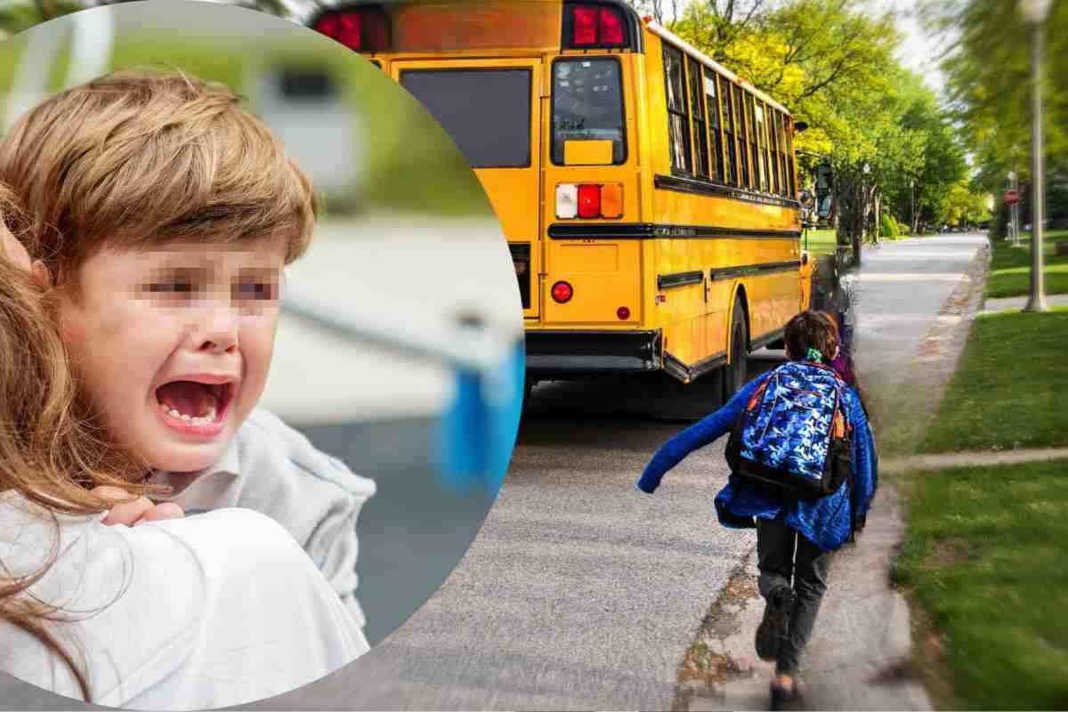 un bambino insegue un autobus e nel cerchio un bambino piange disperato