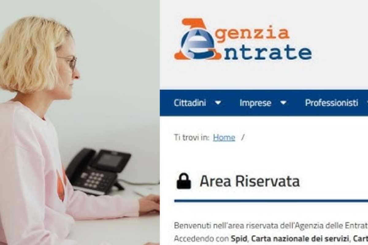 donna al pc e uno spicchio della home dell'agenzia delle entrate