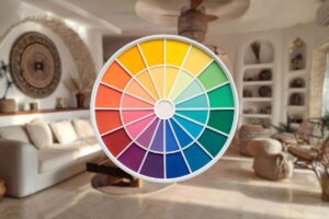 sfondo in cui si vede un ampio soggiorno moderno, in primo piano una palette di colori