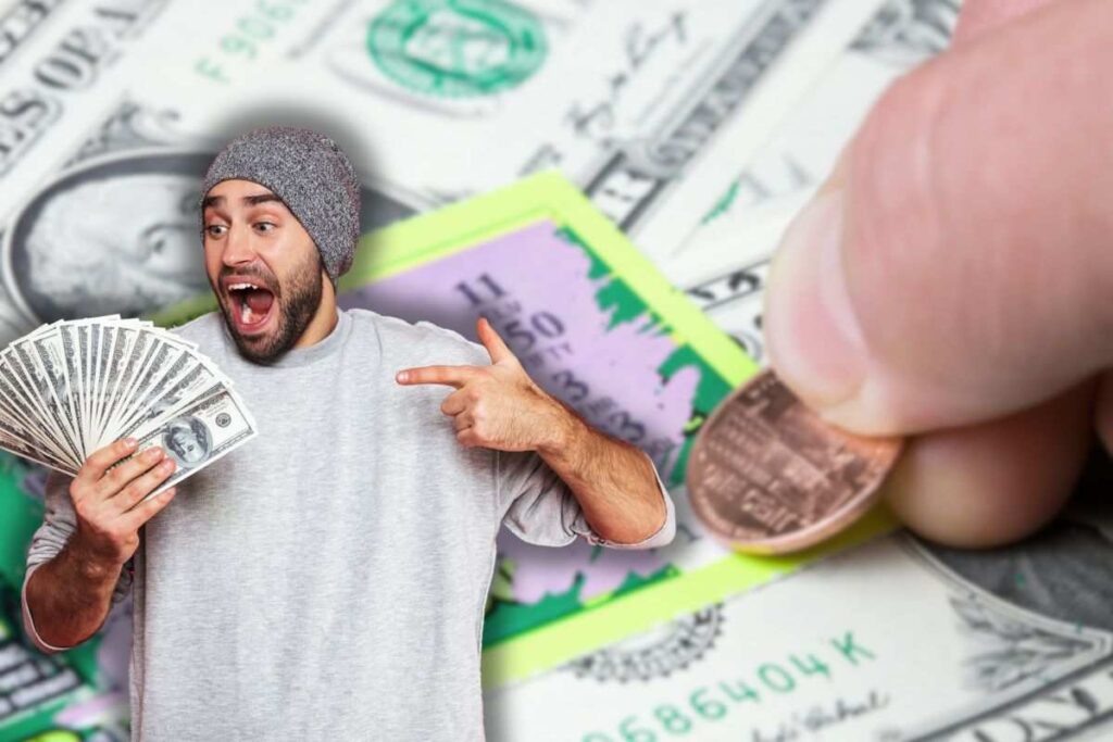 uomo che gratta gratta e vinci con monete e uomo che esulta con soldi