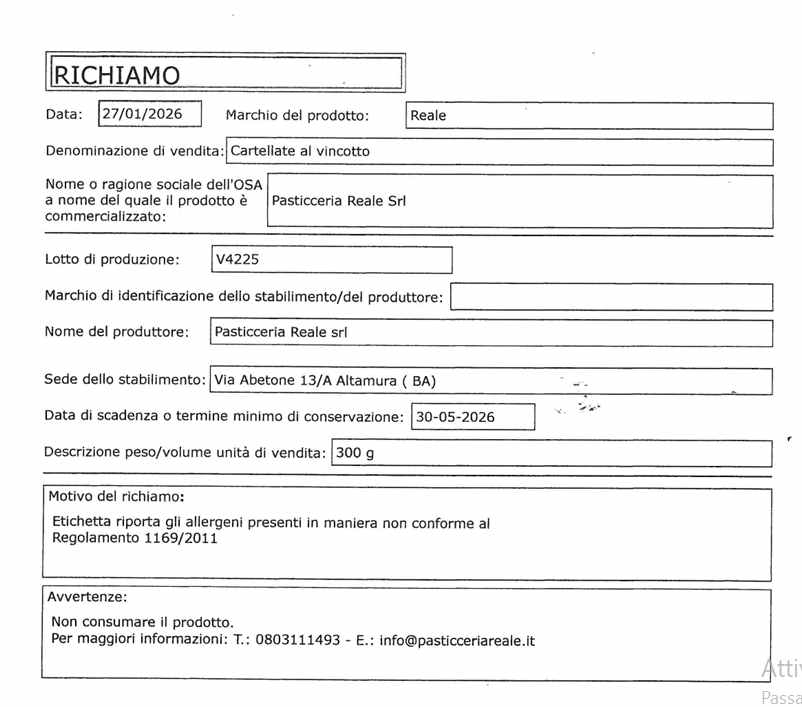 allerta alimentare pubblicata sul sito del Ministero