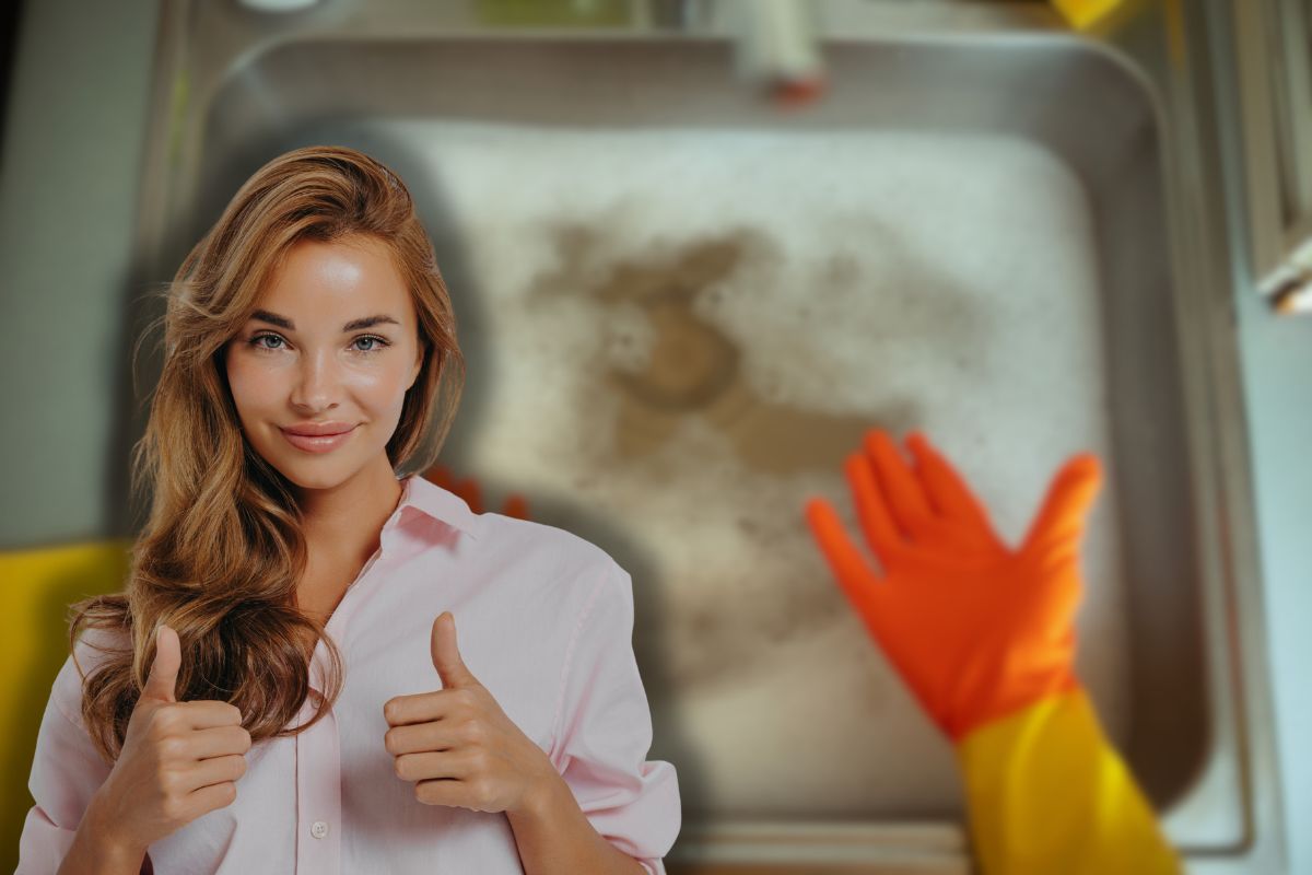 mani con guanti che indicano lavandino pieno di acqua sporca