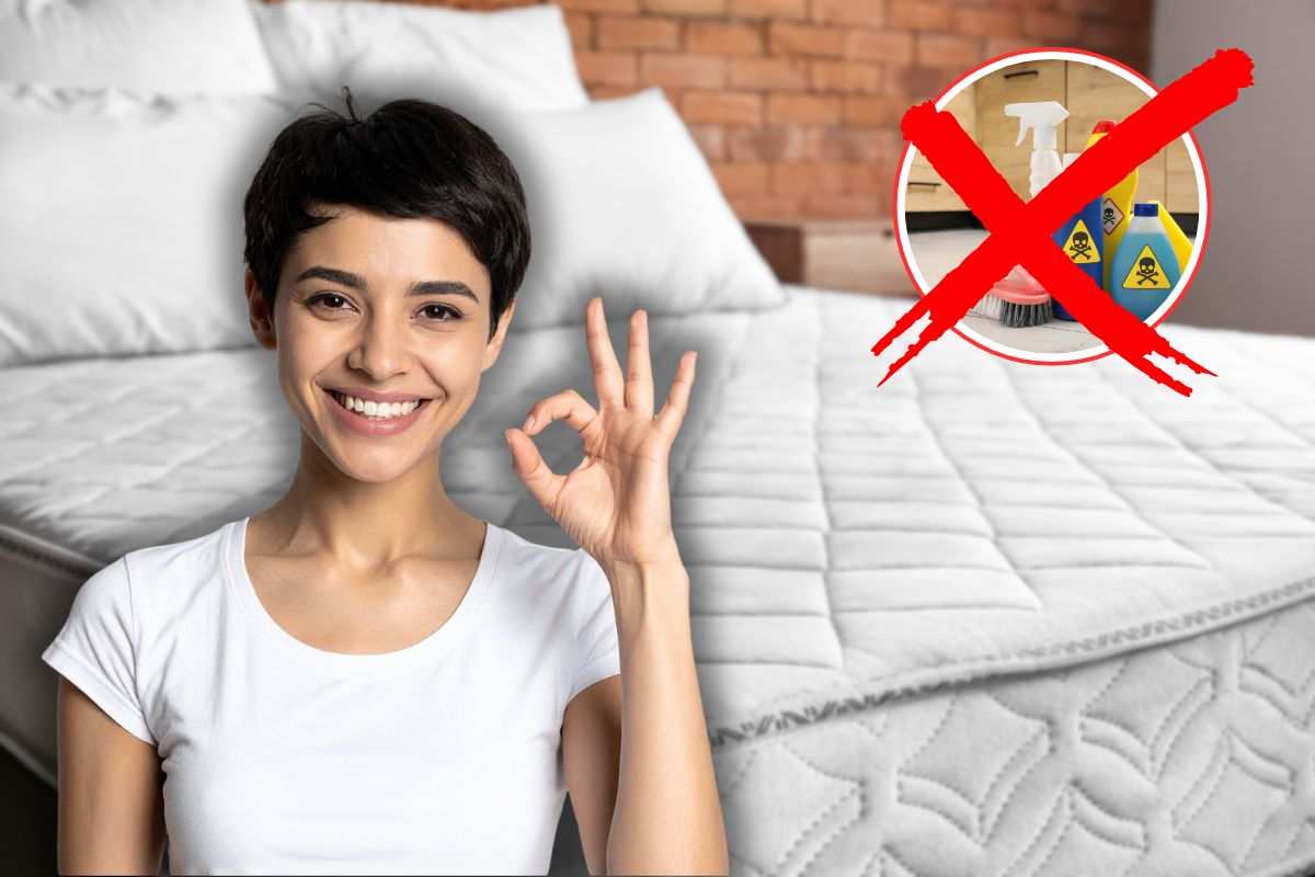 materasso sul letto, donna sorridente che fa ok ed x rossa su prodotti chimici